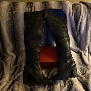 Black Calf Leather Butter Soft Overtheknee Side Detailing Boots New With Tags